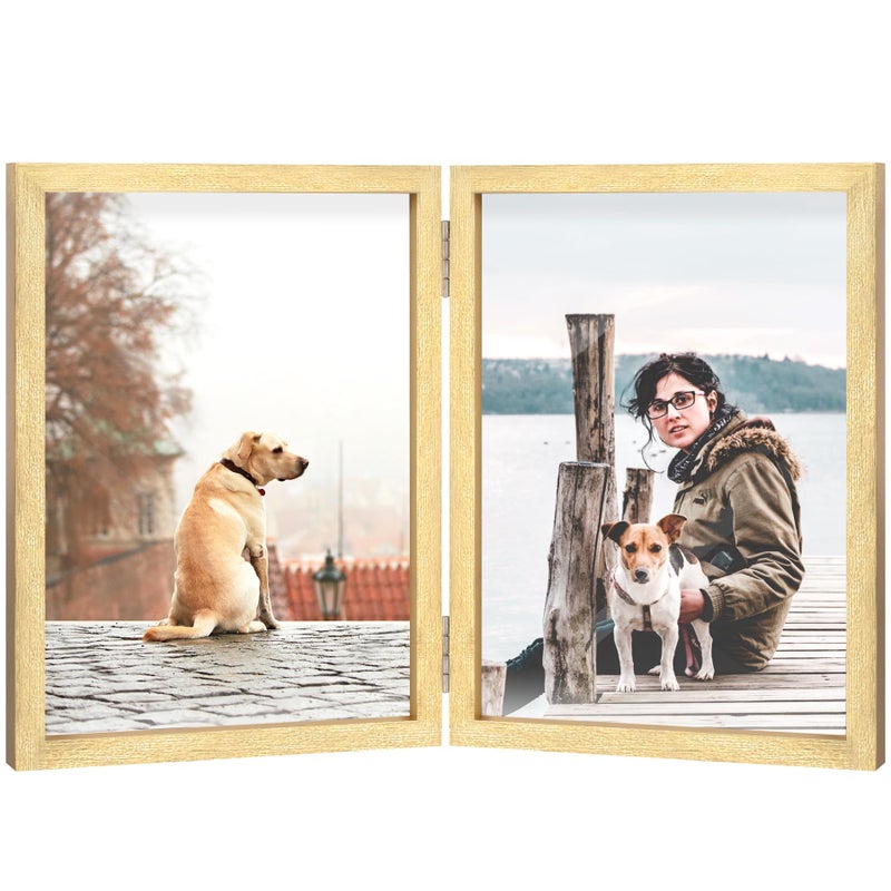 Forev 4x6 Double Picture Frame Wooden Hinged Photo Frame Definition Glass Stand Vertically on Desktop or Tabletop Gold - Image 1